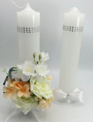 Lumânare Nuntă decorată, flori de mătase alb-piersică – ILIF506059