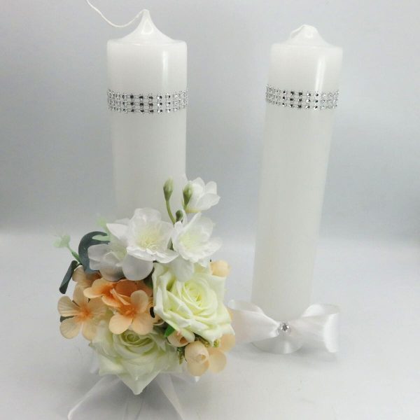 Lumânare Nuntă decorată, flori de mătase alb-piersică - ILIF506059 - imagine 5