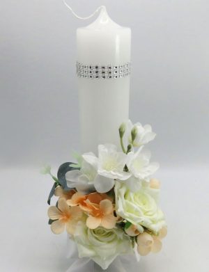Lumânare Nuntă decorată, flori de mătase alb-piersică – ILIF506059
