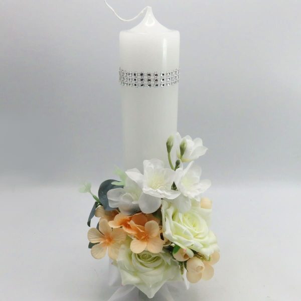 Lumânare Nuntă decorată, flori de mătase alb-piersică - ILIF506059 - imagine 4