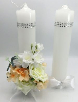 Lumânare Nuntă decorată, flori de mătase alb-piersică – ILIF506059