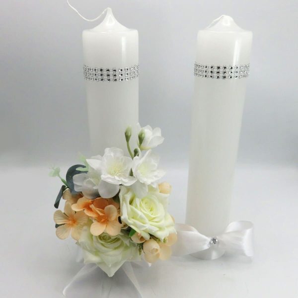 Lumânare Nuntă decorată, flori de mătase alb-piersică - ILIF506059 - imagine 3