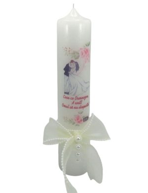 Lumânare nuntă cu ilustrație miri și mesaj + decorațiune albă, model nepersonalizat - ILIF506046