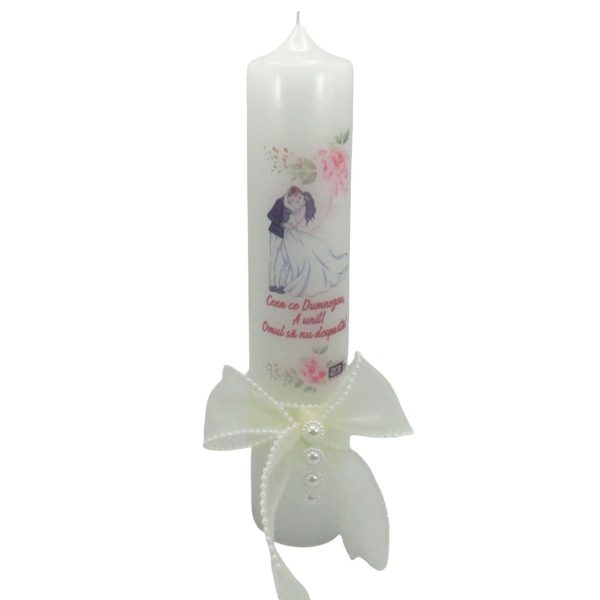 Lumânare nuntă cu ilustrație miri și mesaj + decorațiune albă, model nepersonalizat - ILIF506046