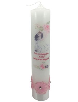Lumânare nuntă cu ilustrație miri și mesaj + decorațiune roz, model nepersonalizat - ILIF506045