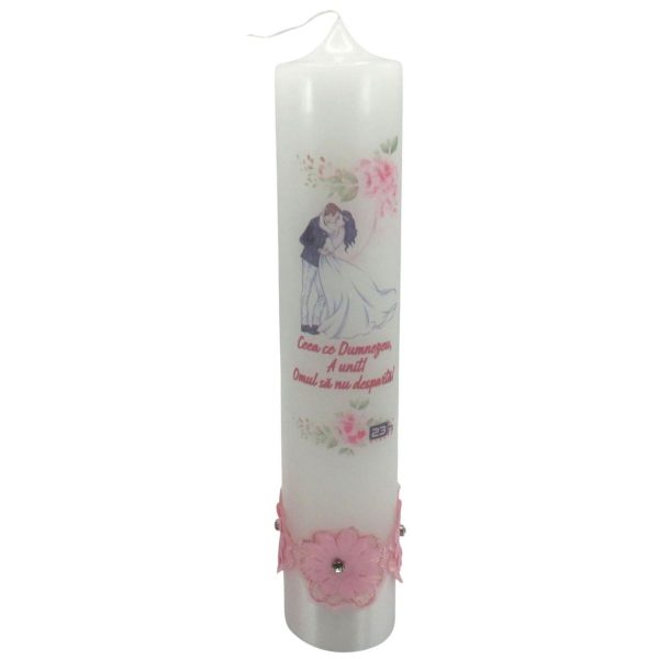 Lumânare nuntă cu ilustrație miri și mesaj + decorațiune roz, model nepersonalizat - ILIF506045