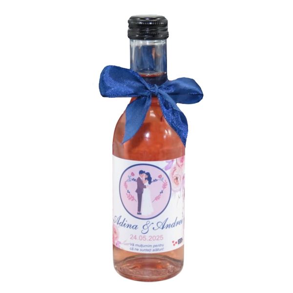 Mărturie nunta, Sticluță de Vin personalizată, fundiță albastră - ILIF506058