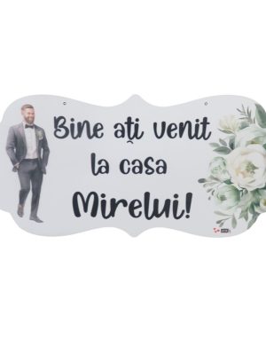 Pancartă nuntă – Bine ați venit la casa Mirelui, design floral verde, dim. 67×31 cm – ILIF506020