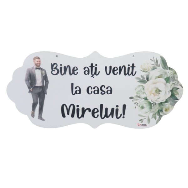 Pancartă nuntă - Bine ați venit la casa Mirelui, design floral verde, dim. 67x31 cm - ILIF506020