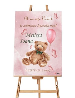 Panou Bun Venit Botez, model personalizat Ursuleț și balon roz, dim. 60x90 cm - ILIF506031