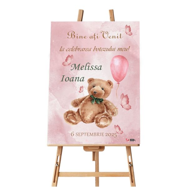 Panou Bun Venit Botez, model personalizat Ursuleț și balon roz, dim. 60x90 cm - ILIF506031