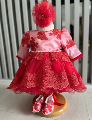 Rochiță botez fetiță – Contesa, roșu și roz, mânecă lungă – ILIF506074