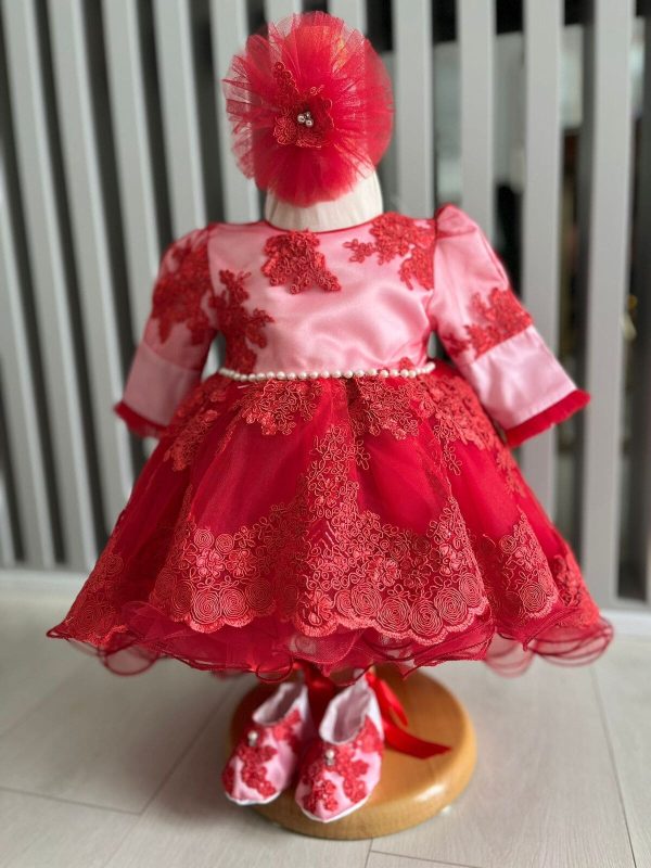 Rochiță botez fetiță - Contesa, roșu și roz, mânecă lungă - ILIF506074 - imagine 2