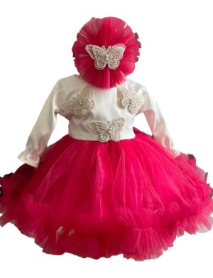 Rochiță botez fetiță, culoare roz ciclam cu tulle - ILIF506015