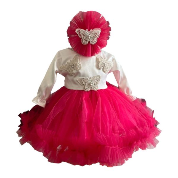 Rochiță botez fetiță, culoare roz ciclam cu tulle - ILIF506015