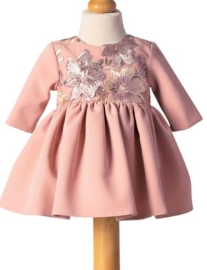 Rochiță botez fetiță, culoare roz cu broderie florală – ILIF5060011