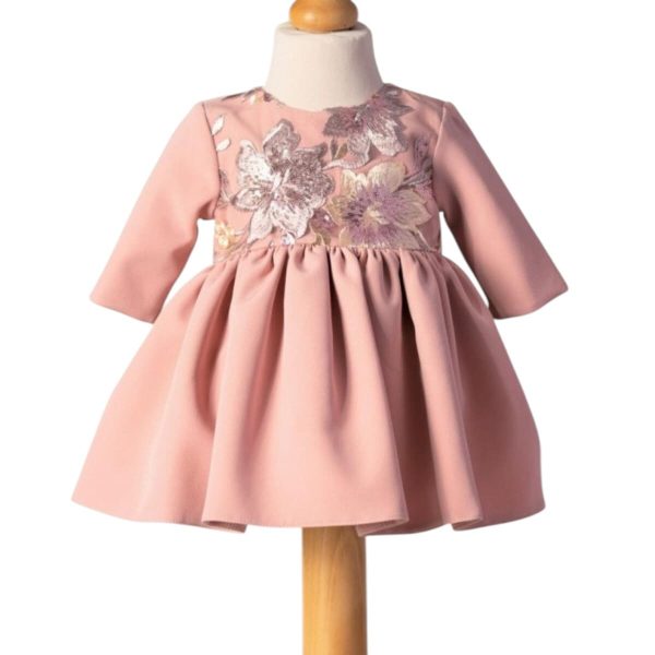Rochiță botez fetiță, culoare roz cu broderie florală - ILIF506011