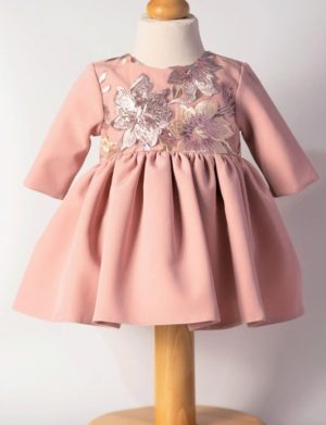 Rochiță botez fetiță, culoare roz cu broderie florală – ILIF5060011