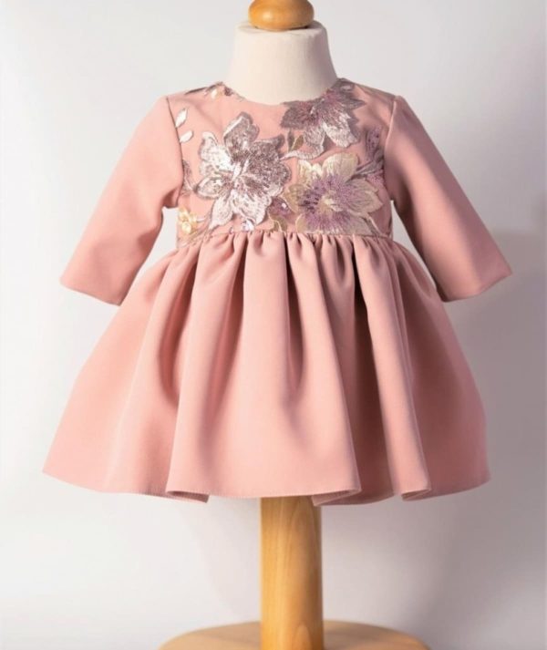 Rochiță botez fetiță, culoare roz cu broderie florală - ILIF506011 - Image 3