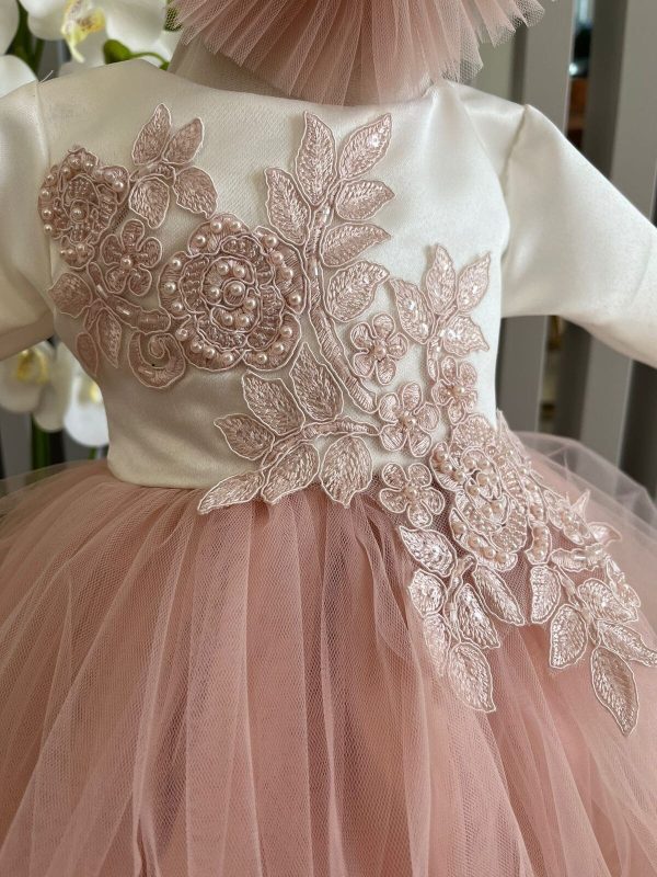 Rochiță botez fetiță, culoare roz pal cu tulle - ILIF506018 - Image 3