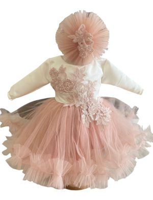 Rochiță botez fetiță, culoare roz pal cu tulle - ILIF506018