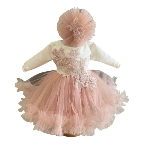 Rochiță botez fetiță, culoare roz pal cu tulle - ILIF506018