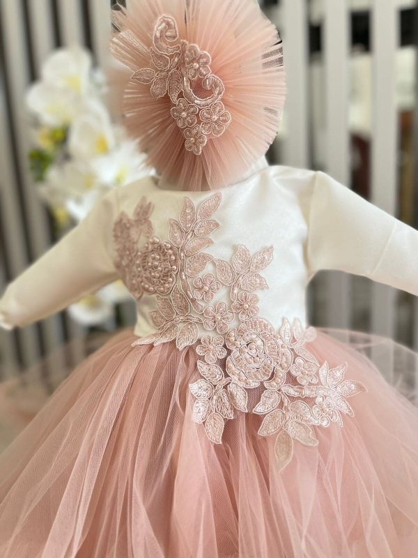 Rochiță botez fetiță, culoare roz pal cu tulle - ILIF506018 - Image 2