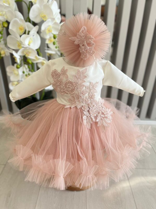 Rochiță botez fetiță, culoare roz pal cu tulle - ILIF506018 - Image 4