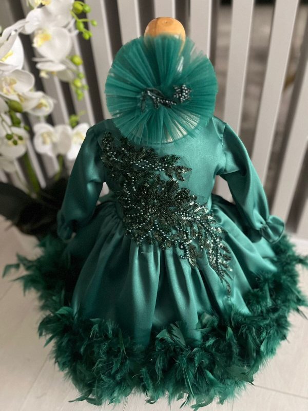 Rochiță botez fetiță - model cu pene, verde, mânecă lungă - ILIF506077 - imagine 6