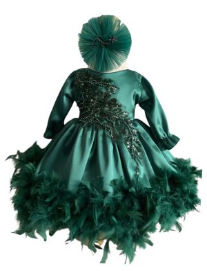 Rochiță botez fetiță - model cu pene, verde, mânecă lungă - ILIF506077