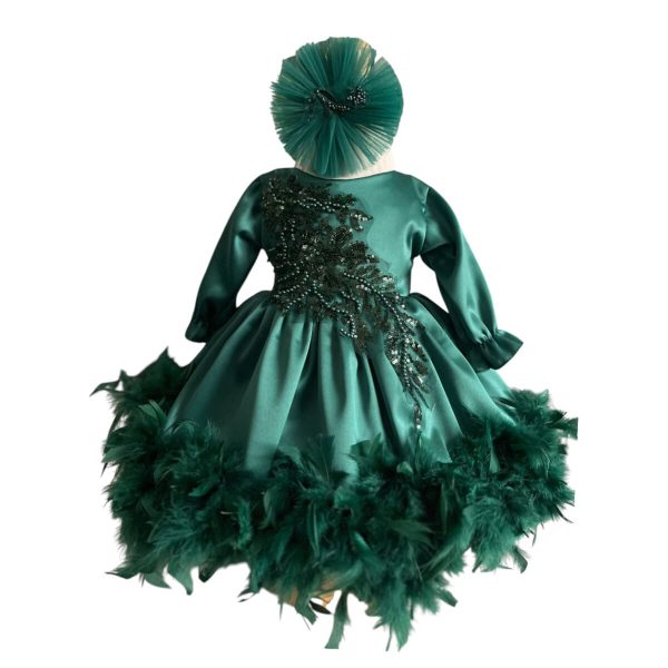 Rochiță botez fetiță - model cu pene, verde, mânecă lungă - ILIF506077