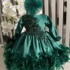 Rochiță botez fetiță - model cu pene, verde, mânecă lungă - ILIF506077 - imagine 4