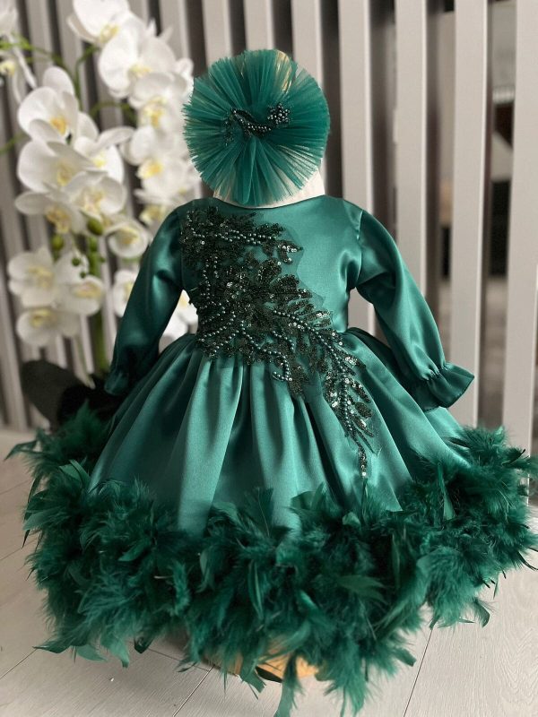 Rochiță botez fetiță - model cu pene, verde, mânecă lungă - ILIF506077 - imagine 4