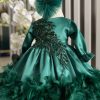 Rochiță botez fetiță - model cu pene, verde, mânecă lungă - ILIF506077 - imagine 2