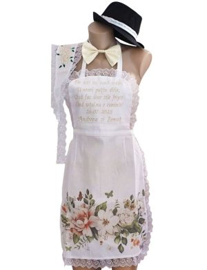 Set dezgătit mire și mireasa 4 piese, model floral cu broderie crem Personalizat, palarie cu mesaj - ODIS506001
