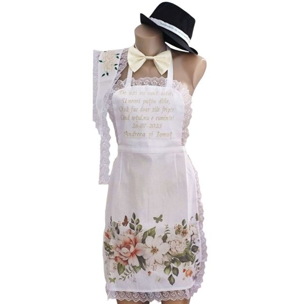 Set dezgătit mire și mireasa 4 piese, model floral cu broderie crem Personalizat, palarie cu mesaj - ODIS506001
