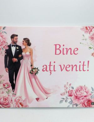 Tablou Bine Ați Venit cu design floral roz, model cu miri, 400×300 mm – ILIF506067