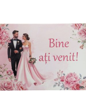 Tablou Bine Ați Venit cu design floral roz, model cu miri, 400×300 mm - ILIF506067