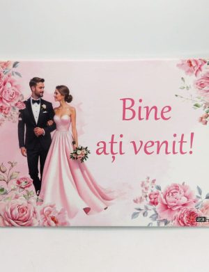 Tablou Bine Ați Venit cu design floral roz, model cu miri, 400×300 mm – ILIF506067