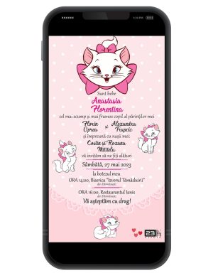 Invitație digitală botez, personalizată cu grafica roz si Marie pisica – MIBC507031