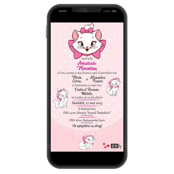 Invitație digitală botez, personalizată cu grafica roz si Marie pisica – MIBC507031 - imagine 2