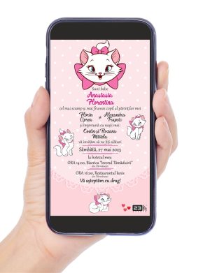 Invitație digitală botez, personalizată cu grafica roz si Marie pisica – MIBC507031