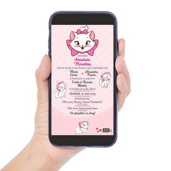 Invitație digitală botez, personalizată cu grafica roz si Marie pisica – MIBC507031