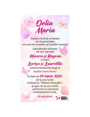 Invitație digitală botez, personalizată cu grafica roz si fluturi – MIBC507032