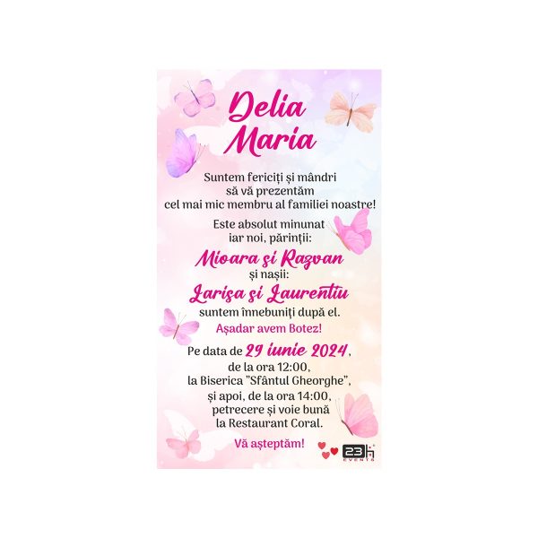 Invitație digitală botez, personalizată cu grafica roz si fluturi – MIBC507032 - imagine 2
