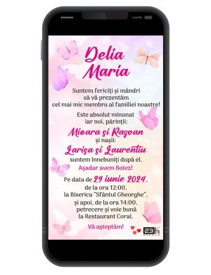 Invitație digitală botez, personalizată cu grafica roz si fluturi – MIBC507032