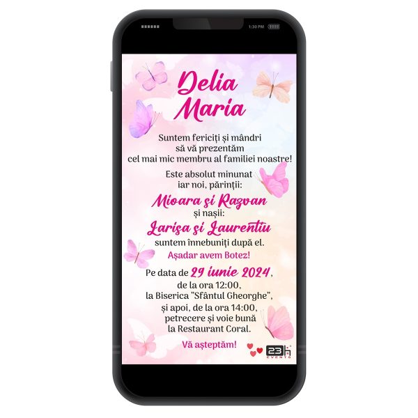 Invitație digitală botez, personalizată cu grafica roz si fluturi – MIBC507032 - imagine 4