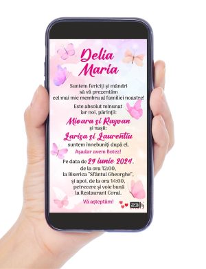 Invitație digitală botez, personalizată cu grafica roz si fluturi – MIBC507032