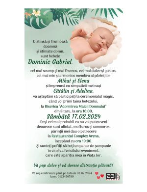 Invitație digitală botez, personalizată cu grafica verde jungle si poza bebe – MIBC507033