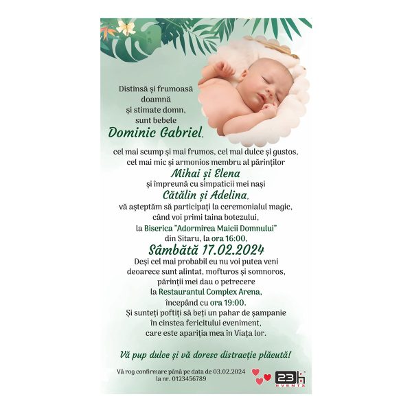Invitație digitală botez, personalizată cu grafica verde jungle si poza bebe – MIBC507033 - imagine 4